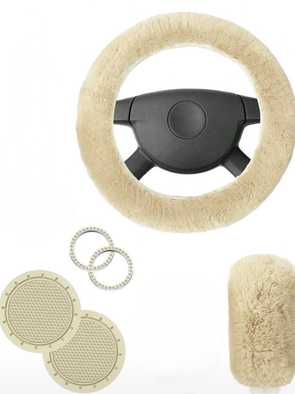 Plush Beige Faux Fur Steering Wheel Cover Set